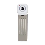 SABRE Wedge Door Stop Alarm met een witte ronde bovenkant en een grijze metalen wig