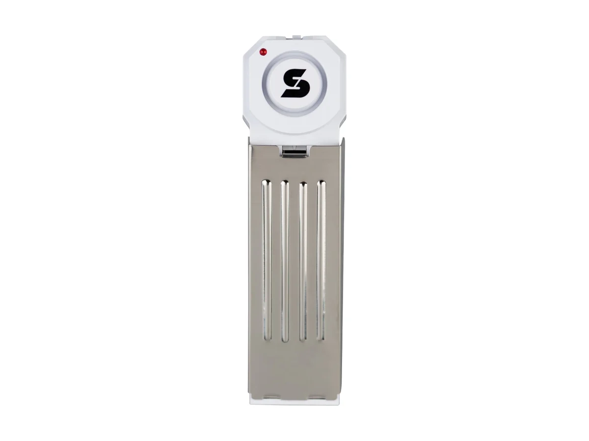SABRE Wedge Door Stop Alarm met een witte ronde bovenkant en een grijze metalen wig