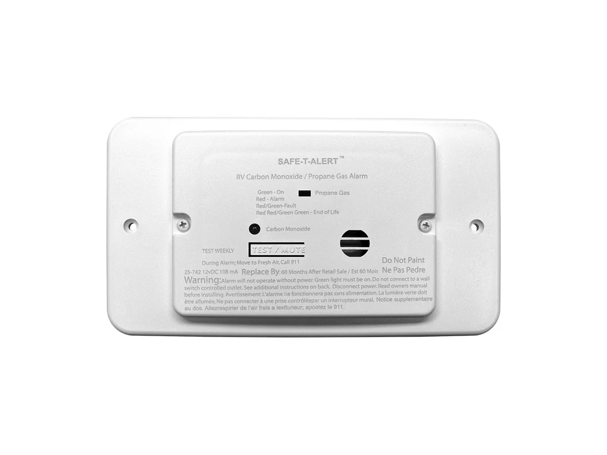Alarma dual blanca de monóxido de carbono y gas propano Safe-T-Alert Serie 25 para RV, de montaje empotrado con anillo decorativo