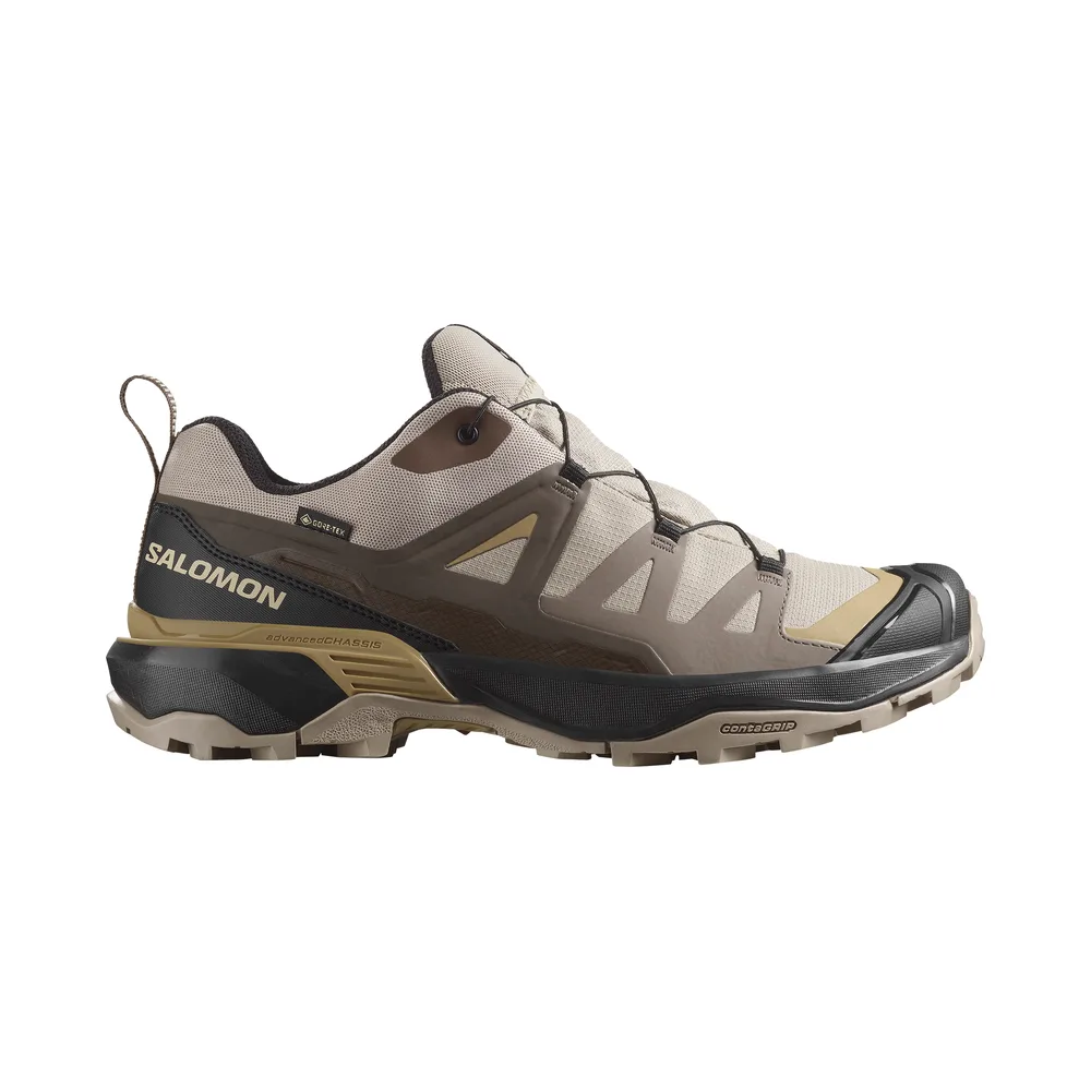 Salomon X Ultra 360 Gore-Tex low hiking shoe in taupe, brown and black, side view