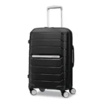 Black Samsonite Freeform hardside carry-on spinner with a silver handle, horizontal ridges and four wheels