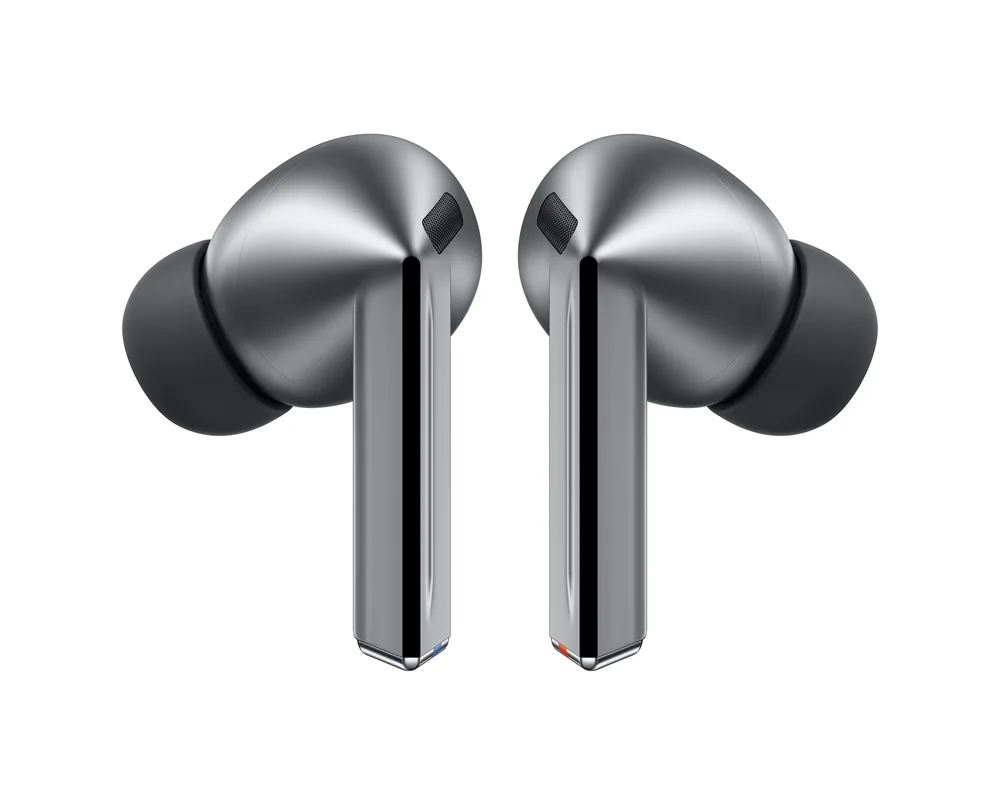 Pair of silver Samsung Galaxy Buds3 Pro earbuds with blade stems on a white background