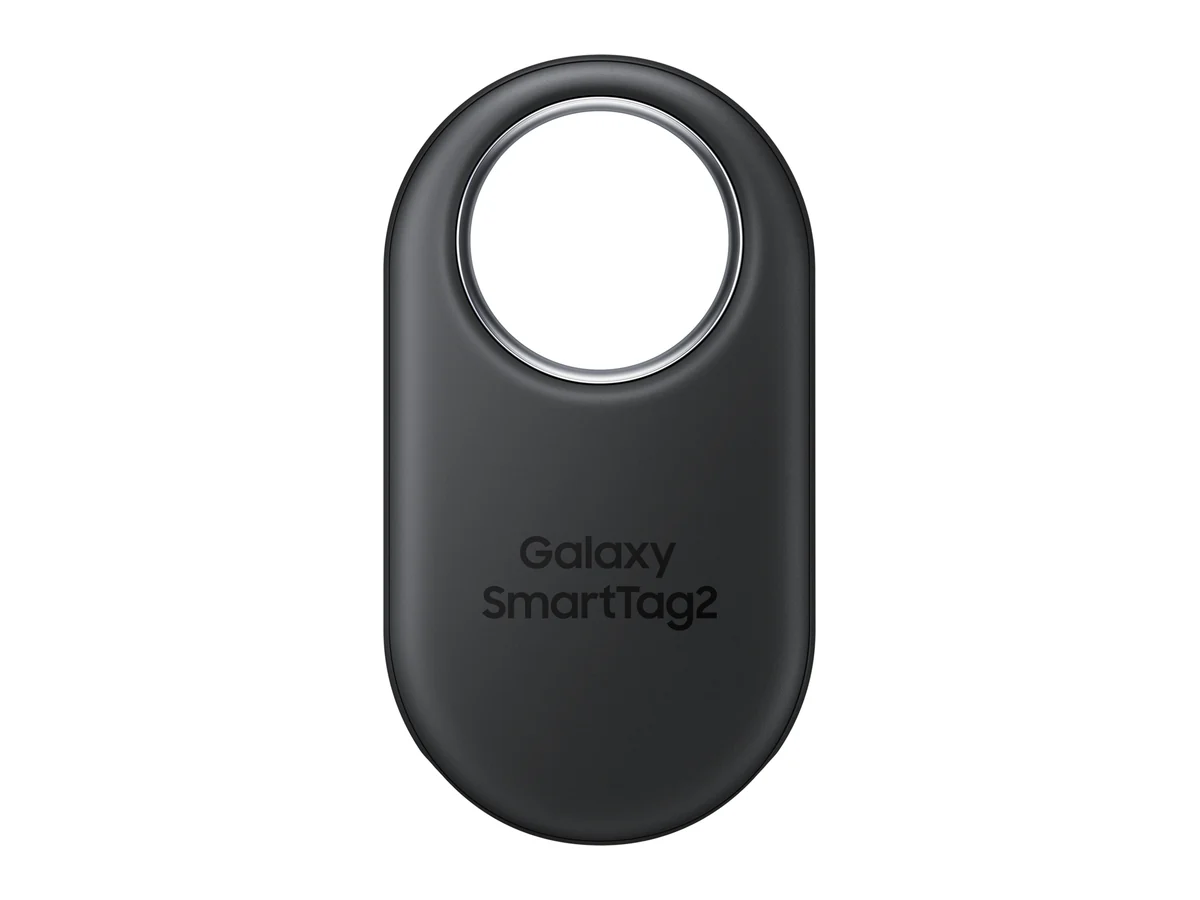 Samsung Galaxy SmartTag2 in black with a metal ring, front view
