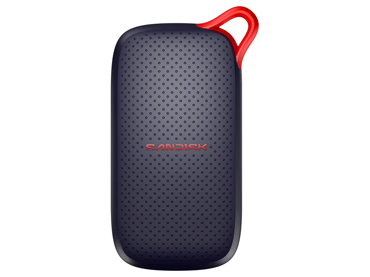 SanDisk Portable SSD, eine dunkle Festplatte mit roter Trageschlaufe oben