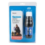 Sawyer Squeeze water filter in its blue retail package next to a card showing a hiker filling a bottle