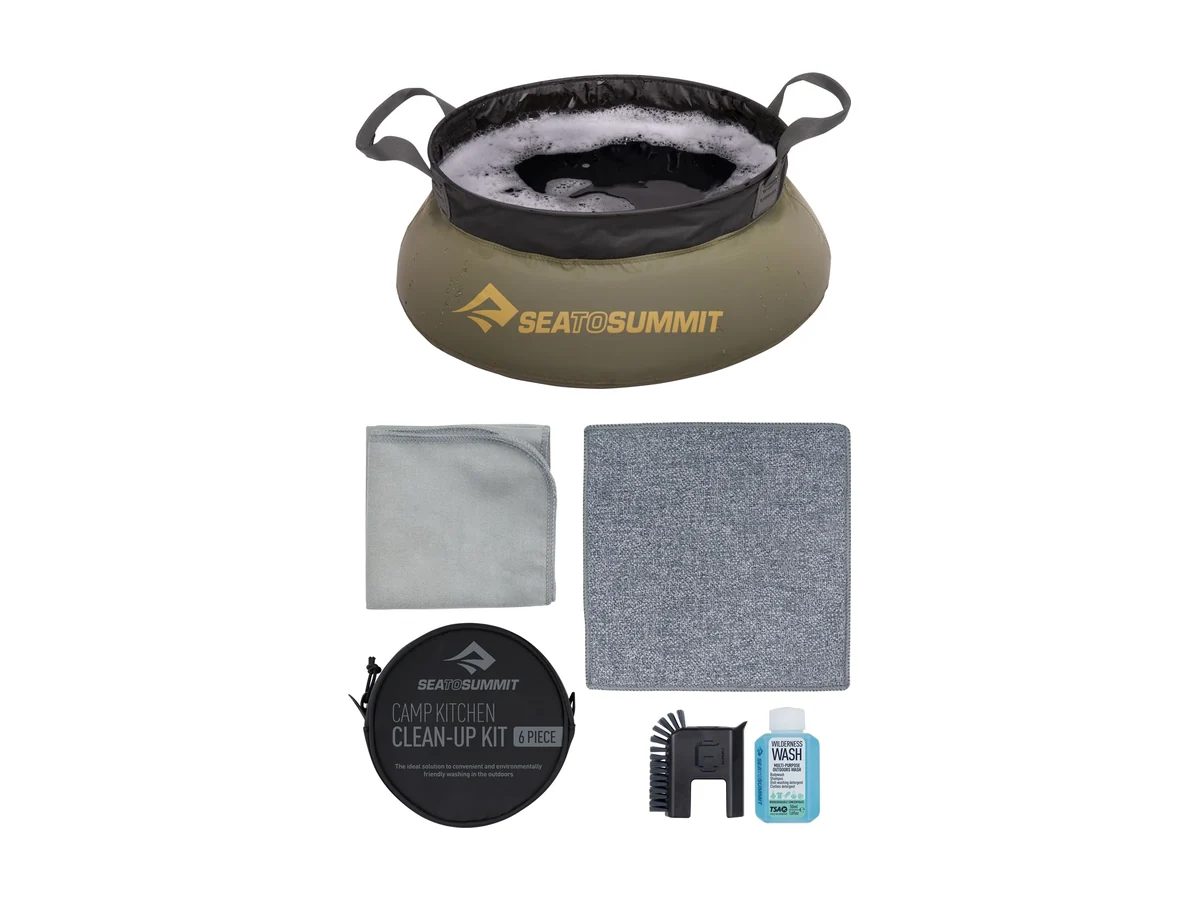 Sea to Summit Camp Kitchen Clean-Up Kit: fregadero plegable, paños, estropajo y jabón