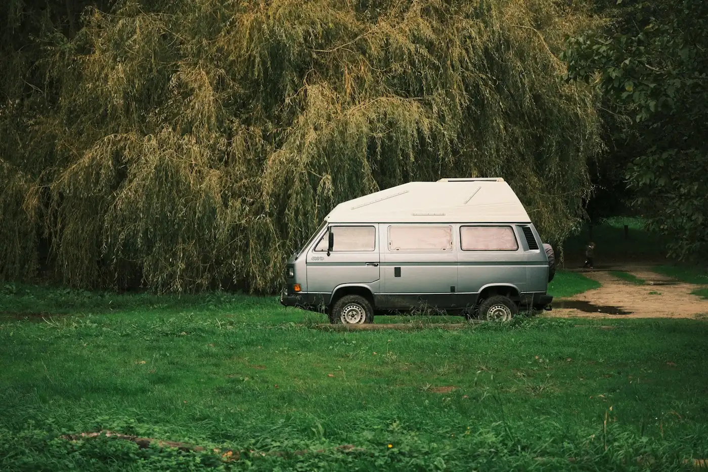 Silver camper van with a high roof parked on a green field under a large willow tree
