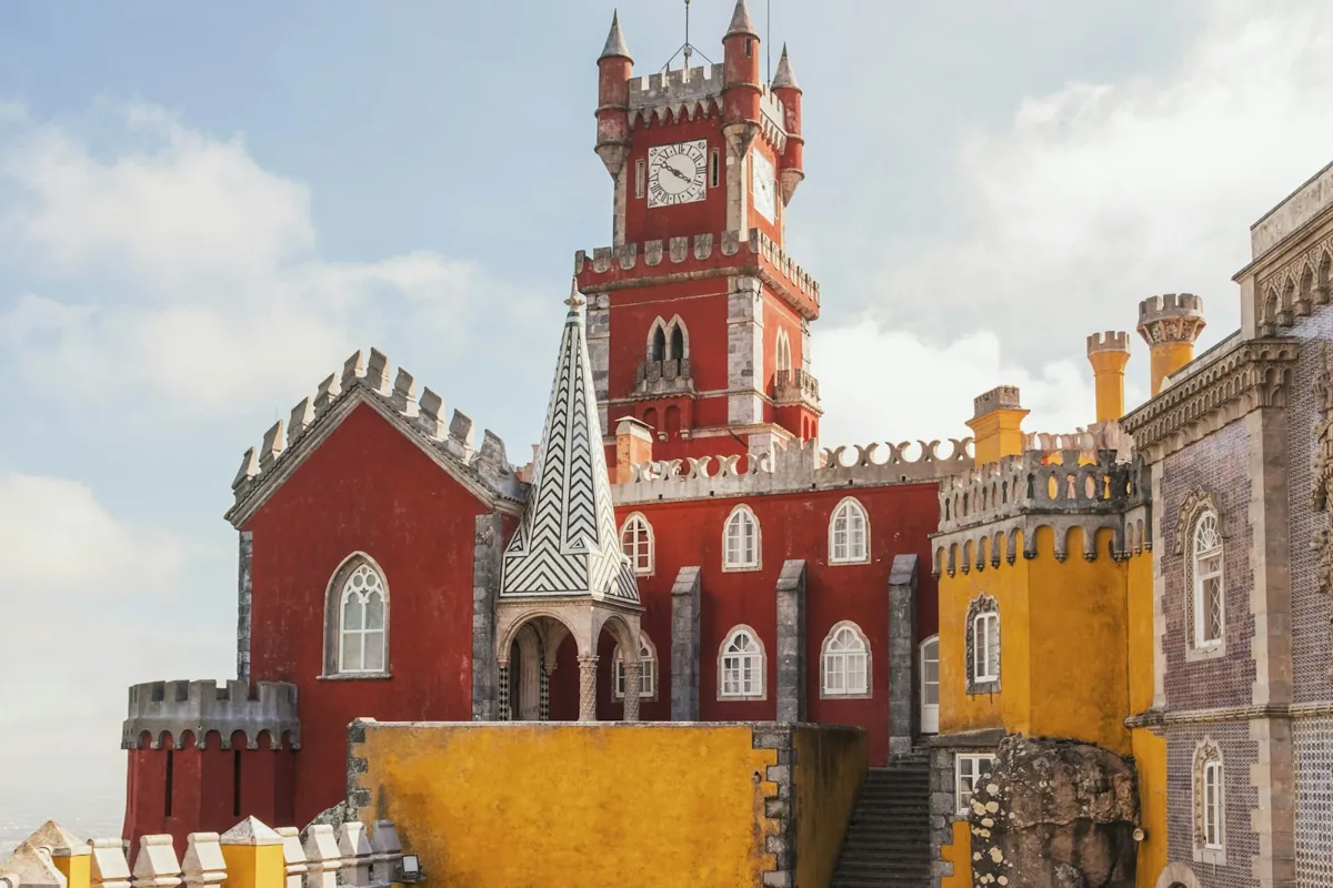 Pena Palace with red and yellow towers in Sintra, Portugal