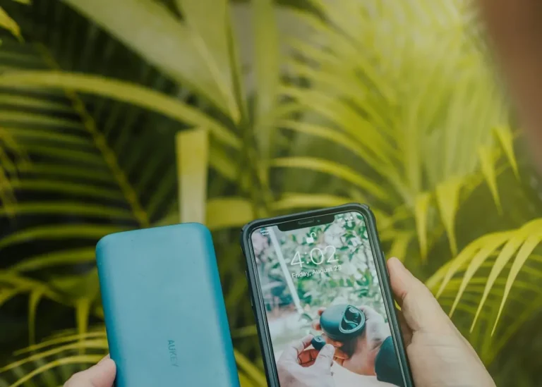 Hands holding a smartphone and a teal power bank in front of green palm leaves