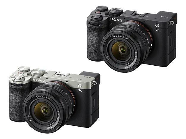 Two Sony A7C II full-frame mirrorless cameras with 28-60mm kit lens, one black and one silver