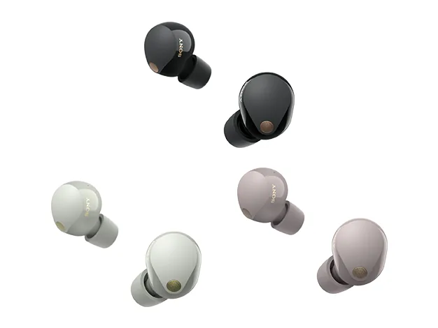 Three pairs of Sony WF-1000XM5 wireless noise cancelling earbuds in black, silver and pink