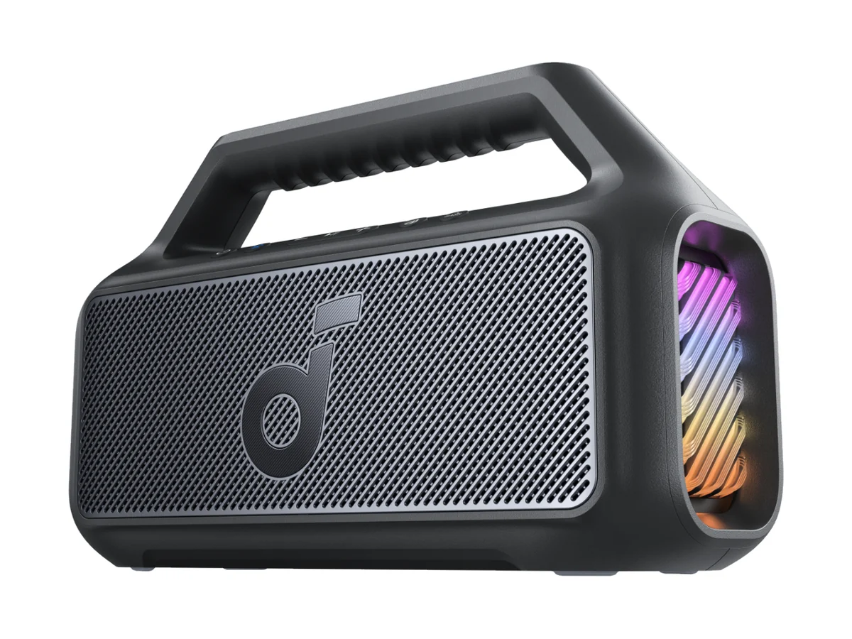 Soundcore Boom 2 outdoor Bluetooth speaker with a carry handle and a lit side panel