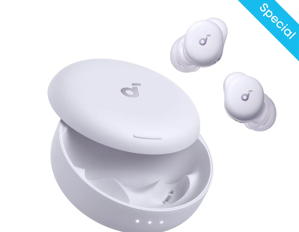 Soundcore Sleep A30 Special in its open lilac charging case with the two earbuds floating above it