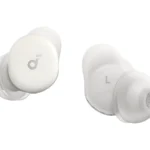Pair of white Soundcore Sleep A30 sleep earbuds, one showing the inner side with its ear tip