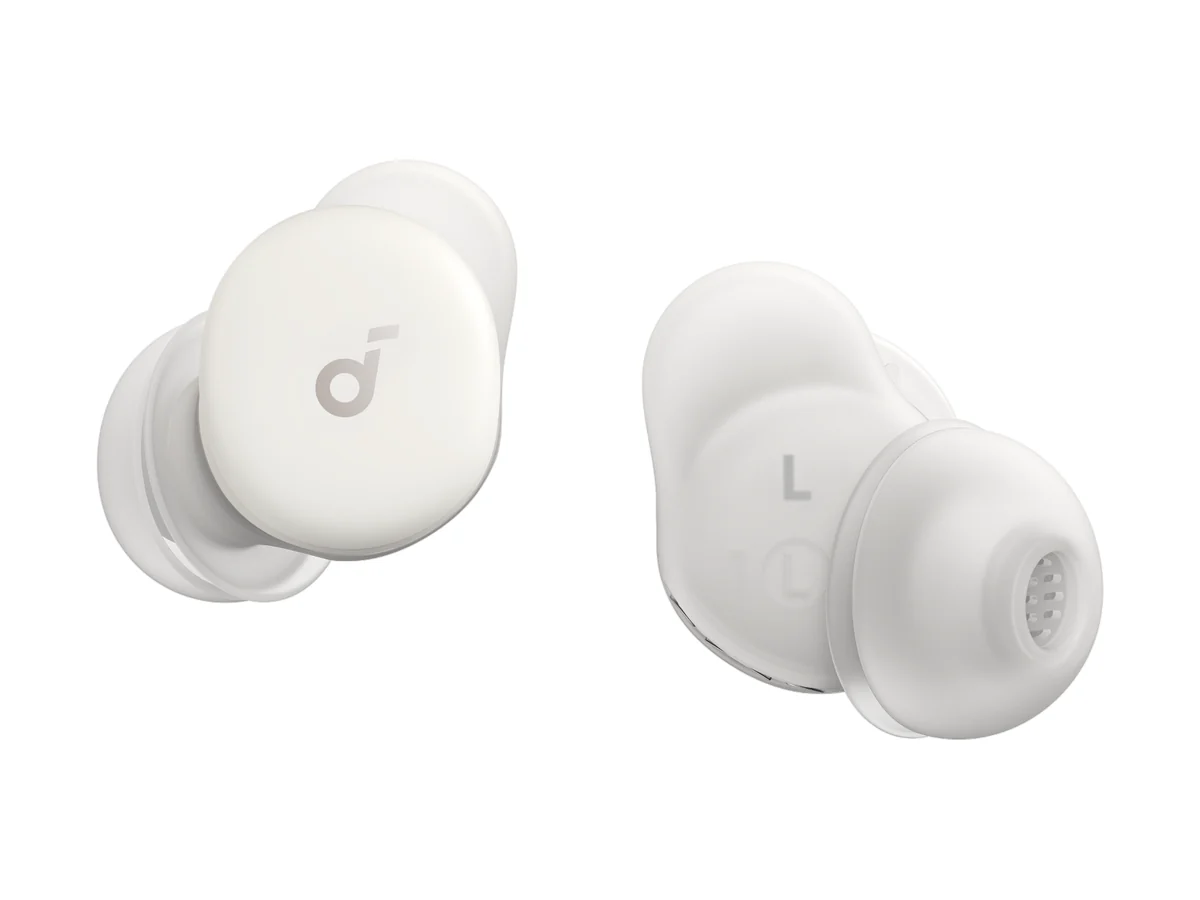 Pair of white Soundcore Sleep A30 sleep earbuds, one showing the inner side with its ear tip