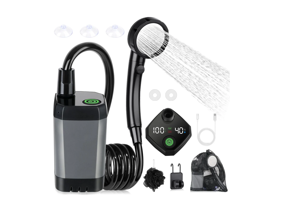 Spopal 6000mAh camping shower pump with a spray head, coiled hose and accessories