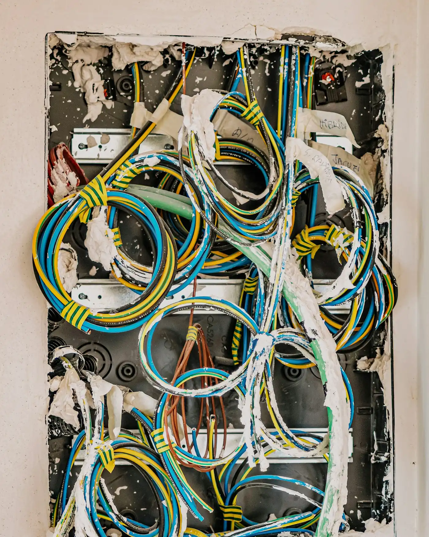 Maraña de cables eléctricos amarillos, azules y negros en un panel de pared abierto