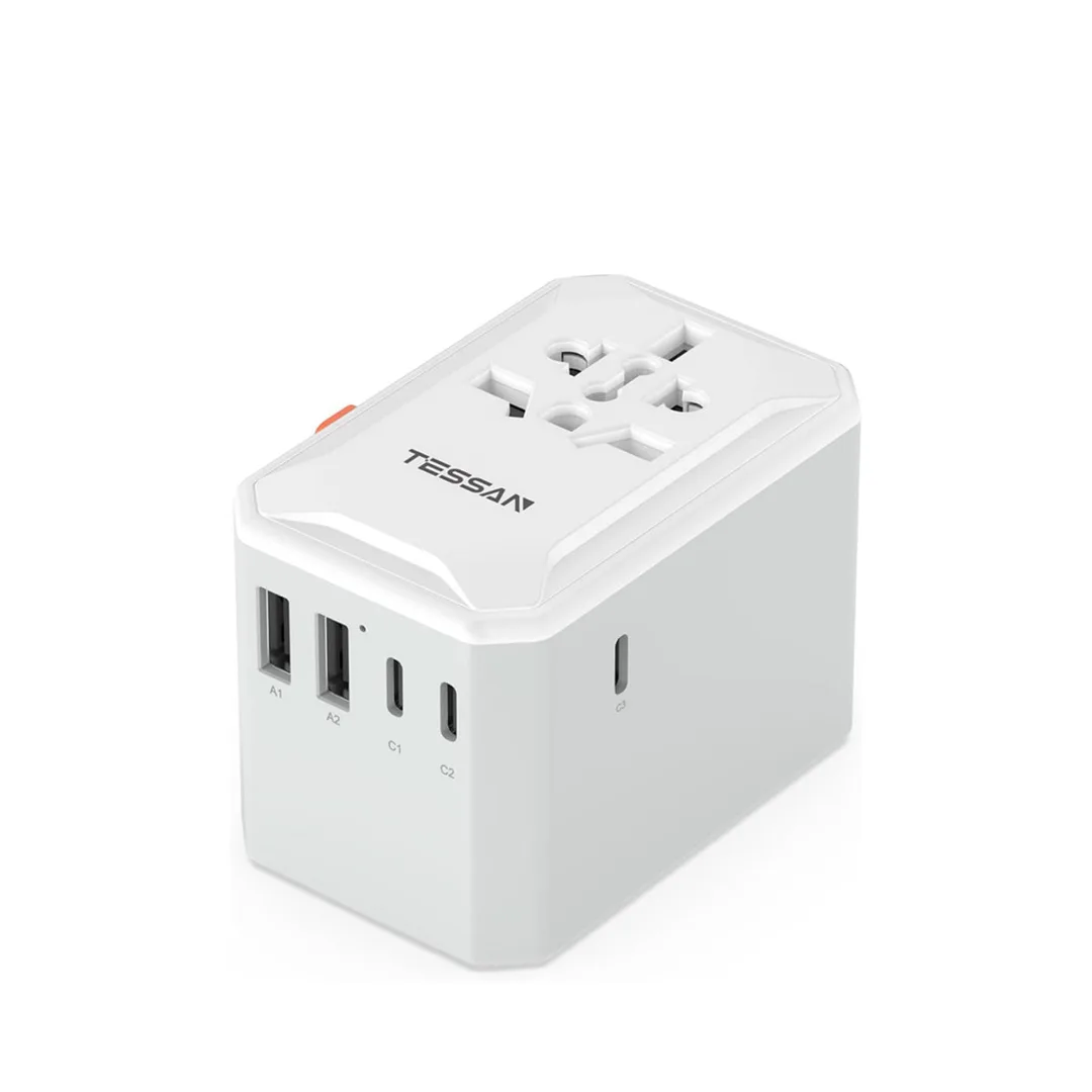 TESSAN 28W universal travel adapter with two USB-A and three USB-C ports and a built-in sliding plug