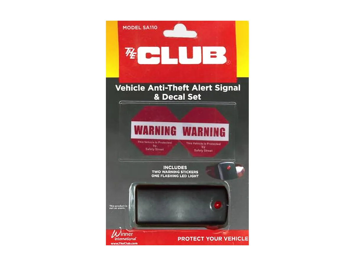 El set de señal de alerta y pegatinas The Club SA110 en su embalaje: dos pegatinas de advertencia y una luz LED intermitente