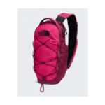The North Face Borealis Sling in roze met bungeekoorden aan de voorkant