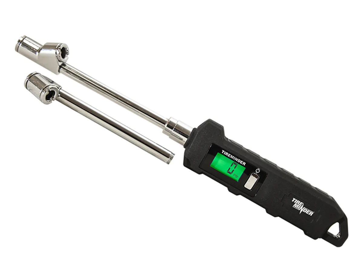 TireMinder high precision digital tire gauge with two interchangeable heads and a backlit display, for checking camper van tire pressure