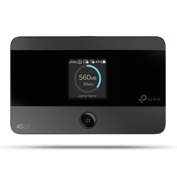 TP-Link M7350 4G LTE mobile Wi-Fi hotspot, black with a small colour display, front view