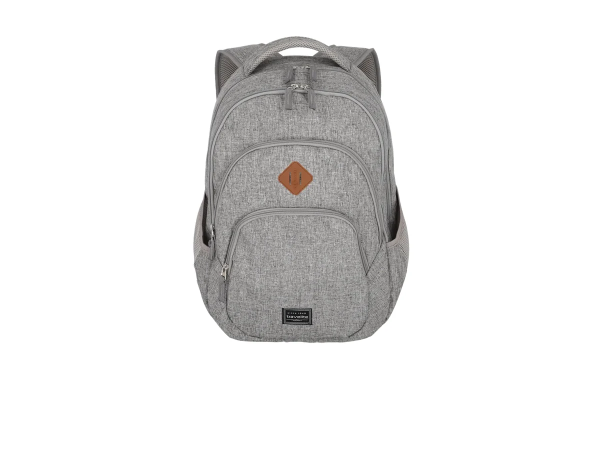 travelite BASICS 22 L cabinerugzak in grijs mêlee met een bruin leren patch