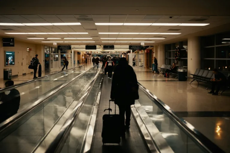 A traveller pulling a small carry-on along a moving walkway in a dark airport hall