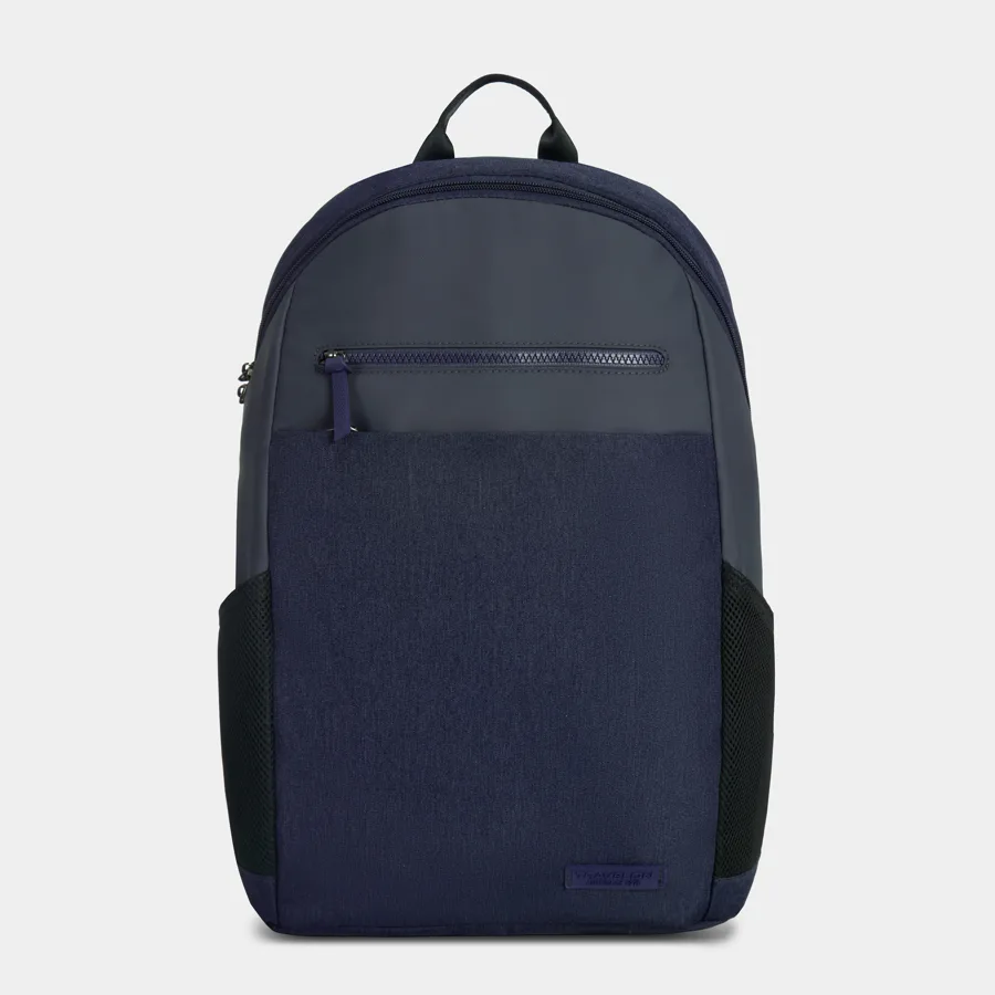 Navy Travelon Anti-Theft Metro backpack seen from the front with a zipped front pocket and mesh side pockets