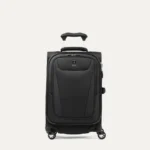 Black Travelpro Maxlite 5 softside carry-on spinner suitcase with a top handle, front pocket and four wheels