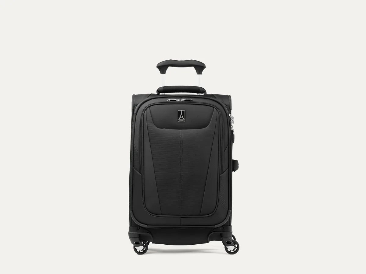 Black Travelpro Maxlite 5 softside carry-on spinner suitcase with a top handle, front pocket and four wheels