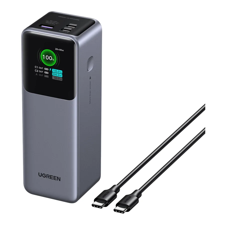UGREEN Nexode 25,000 mAh 200 W power bank in grey with a colour display and two USB-C cables