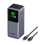 UGREEN Nexode 20000mAh 130W power bank in grey with a display and two USB-C cables