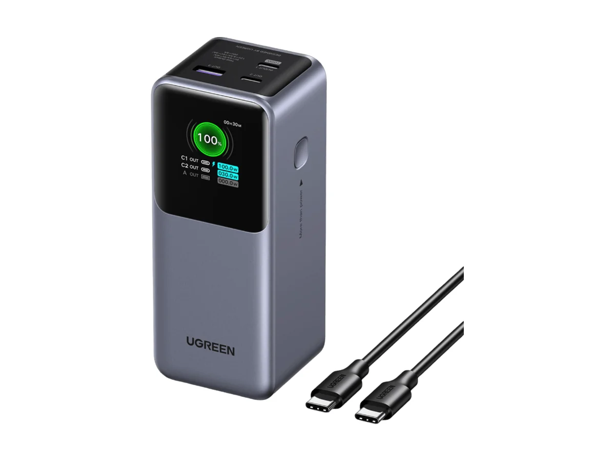 UGREEN Nexode 20000mAh 130W power bank in grey with a display and two USB-C cables