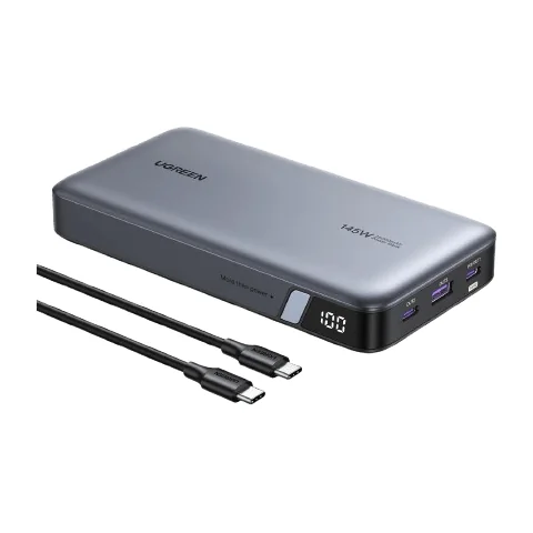 UGREEN Nexode 25,000 mAh 145 W power bank in grey with a digital display and two USB-C cables