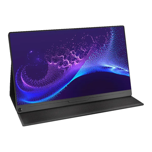 Black UPERFECT 15.6 inch portable monitor standing on its folding smart cover, showing a purple and blue abstract picture