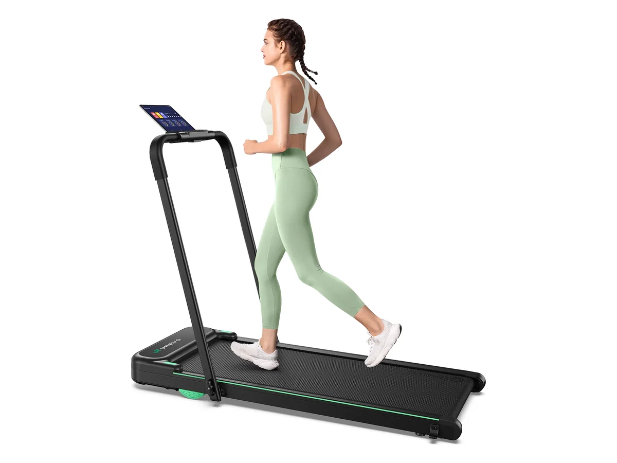UREVO Strol 2E folding treadmill with a handrail and tablet holder, a woman walking on it