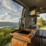 Camper van kitchen with a black tap and sink, back doors open to a lake and forest view