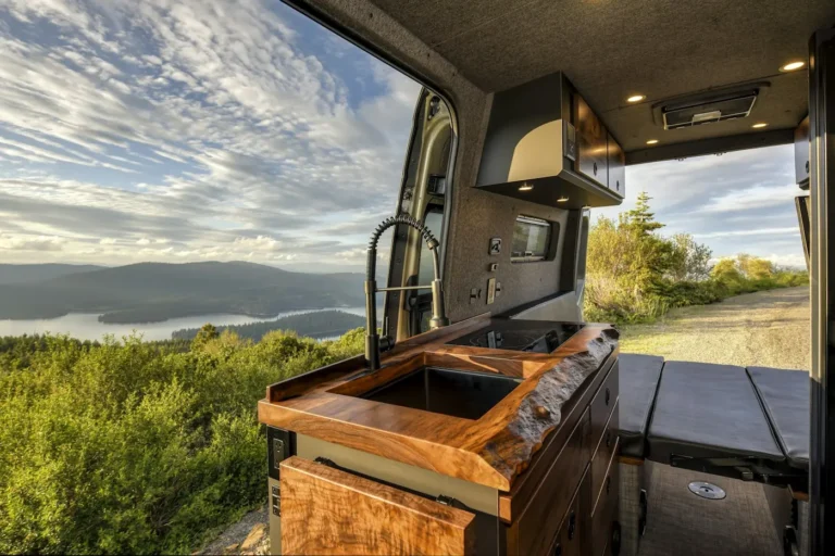 Camper van kitchen with a black tap and sink, back doors open to a lake and forest view