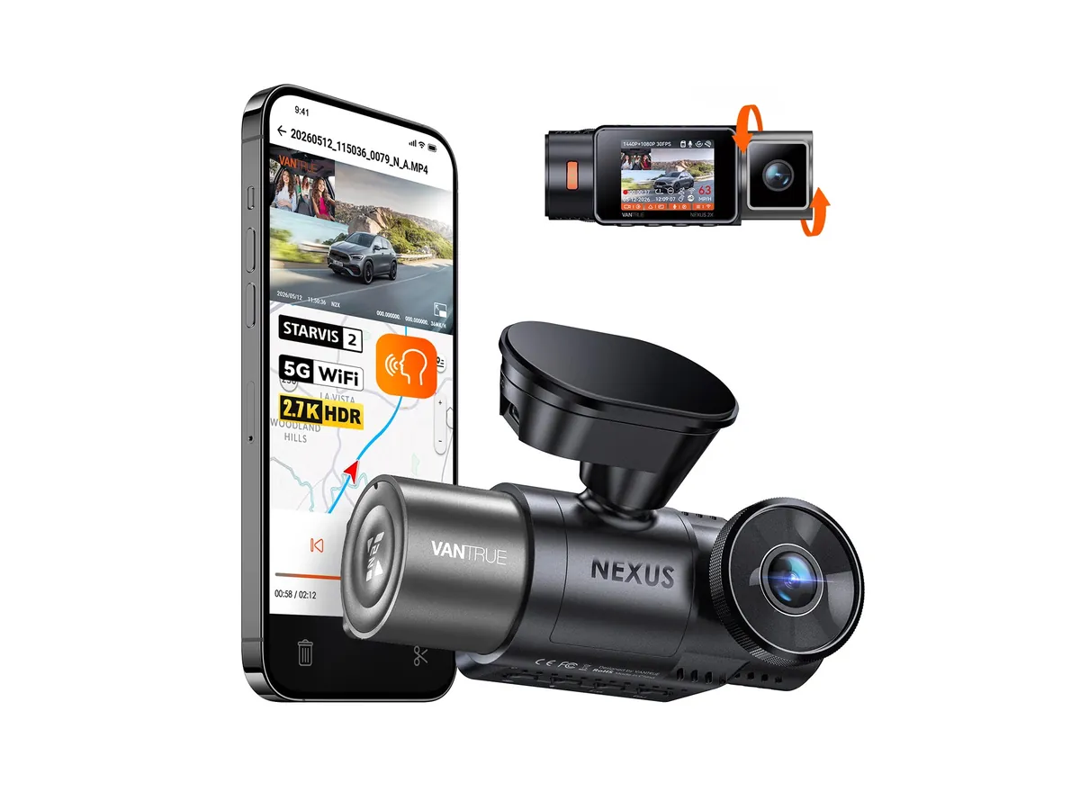 Vantrue Nexus 2X Dashcam mit ihrer Innenraumkamera und der Vantrue-App auf einem Smartphone