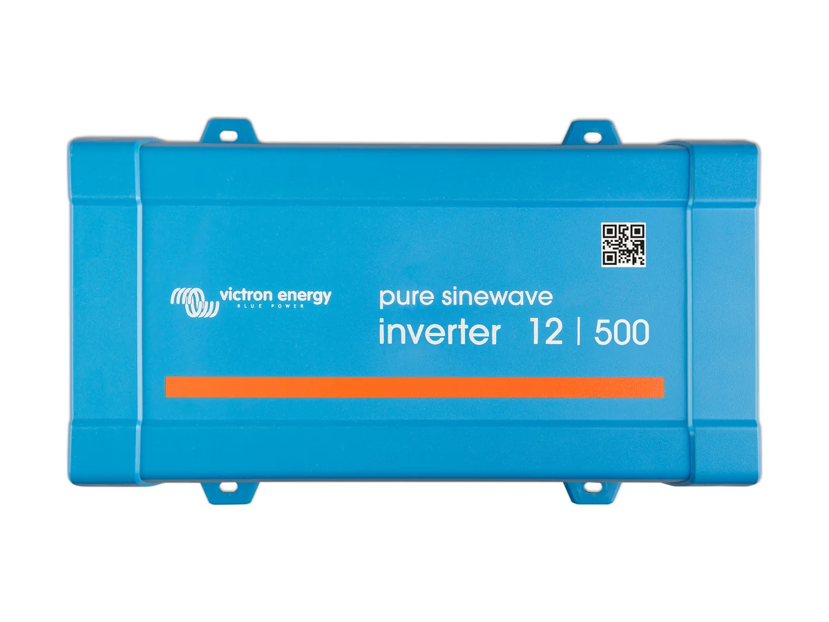 Victron Phoenix Inverter 12/500 in blauw met een oranje streep en het label pure sinewave inverter 12 | 500