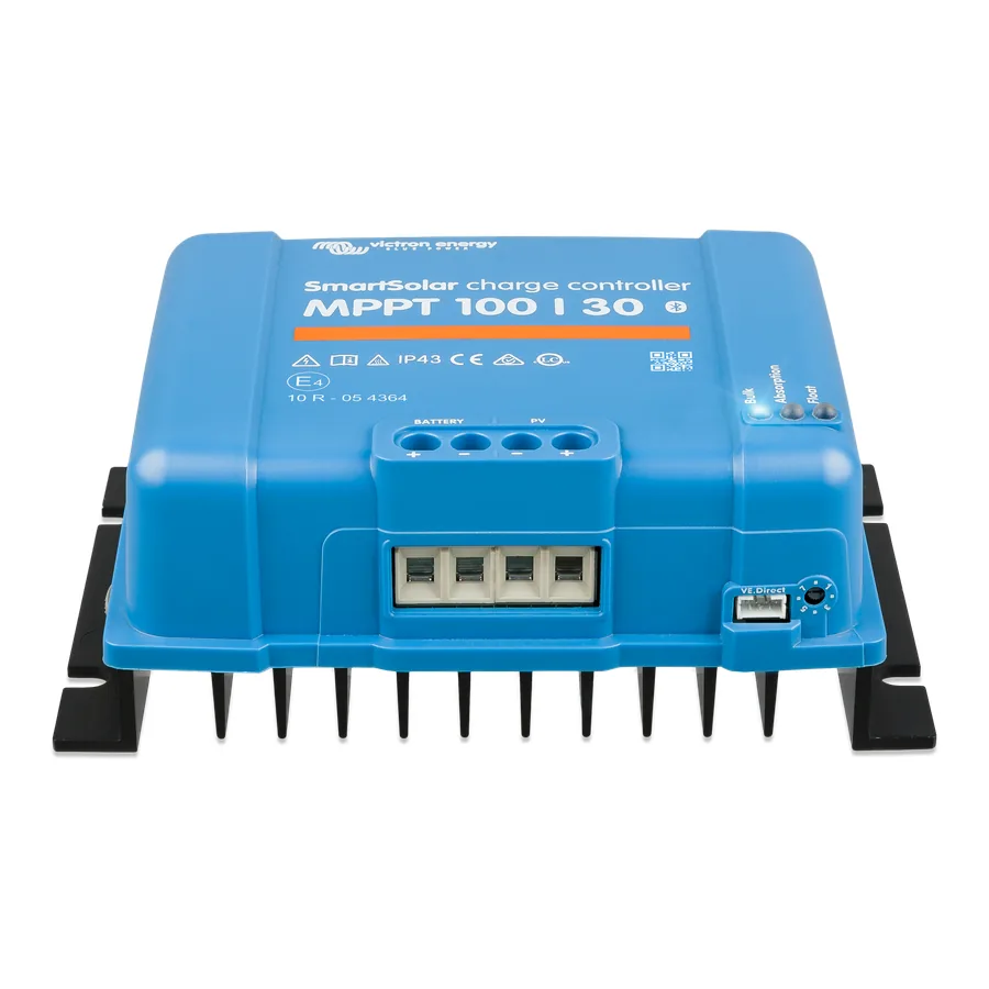 Blue Victron SmartSolar MPPT 100/30 solar charge controller seen from the front, with its Bluetooth label