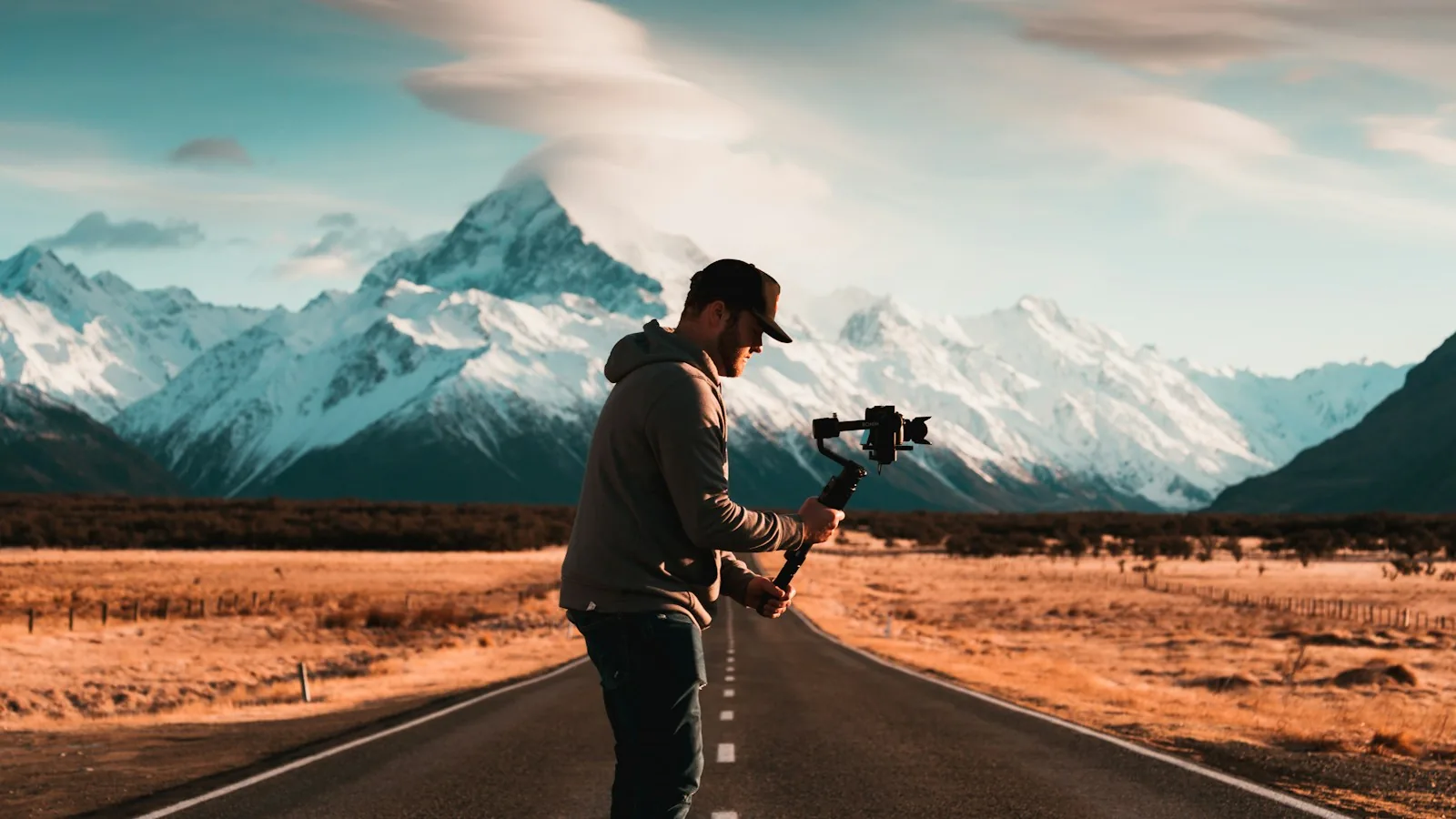 A man filming with a handheld camera on a gimbal on an empty road, with a snow-capped mountain behind him