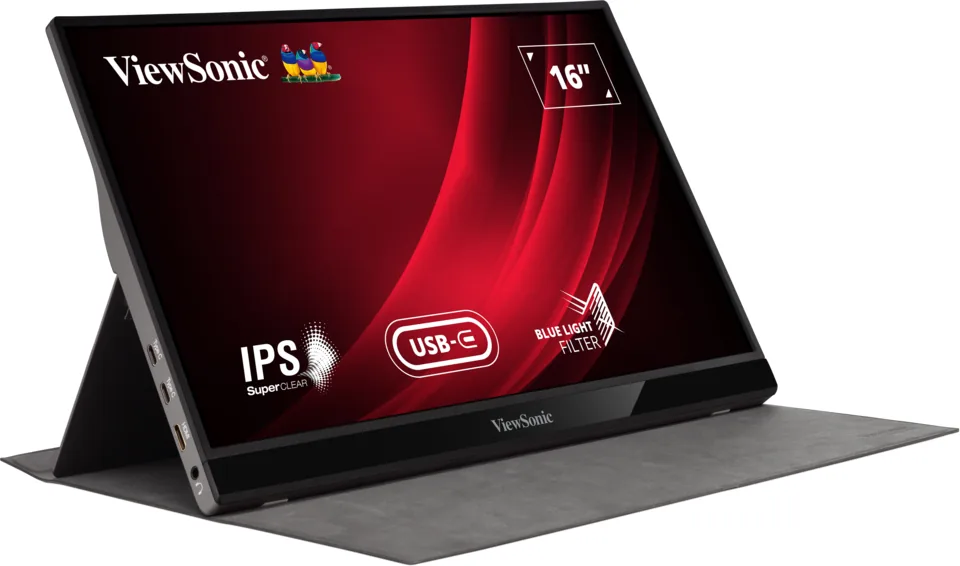 ViewSonic VG1655 16-inch portable monitor on its fold-out cover stand, three-quarter view with a red ViewSonic wallpaper