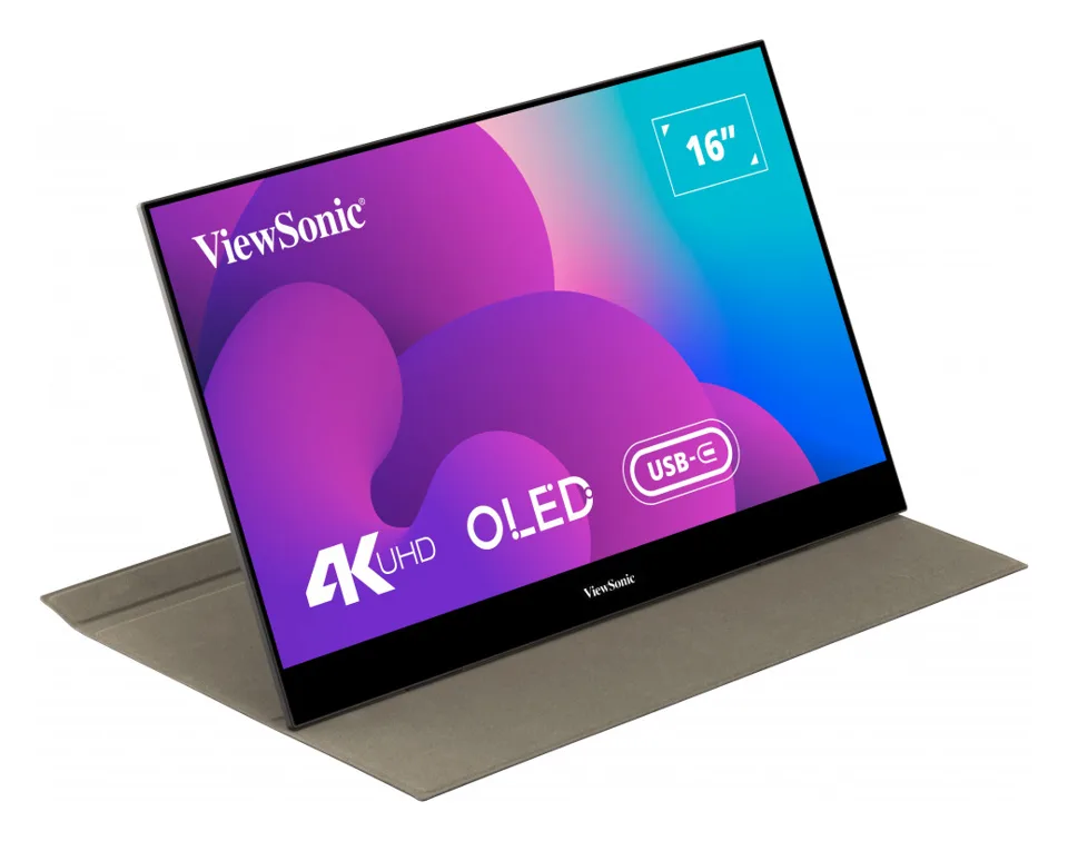 ViewSonic VX1655-4K-OLED 16-inch 4K OLED portable monitor standing on its fold-out cover