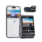 VIOFO A229 Plus Dashcam mit ihrer kleinen Rückkamera und dem VIOFO-App-Wiedergabebildschirm auf einem Smartphone
