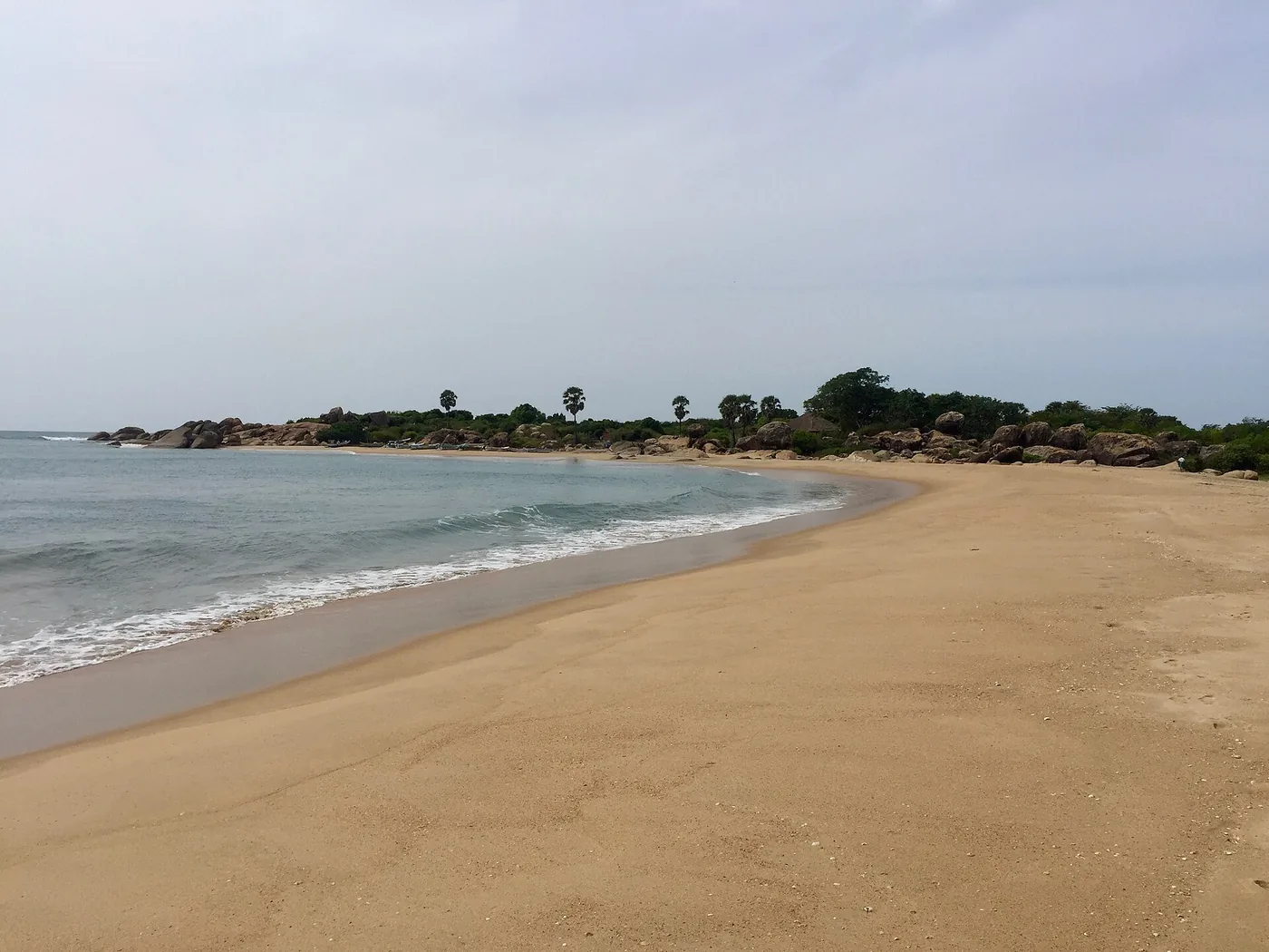 Curving sandy beach with palms and rocks at Whiskey Point, Arugam Bay