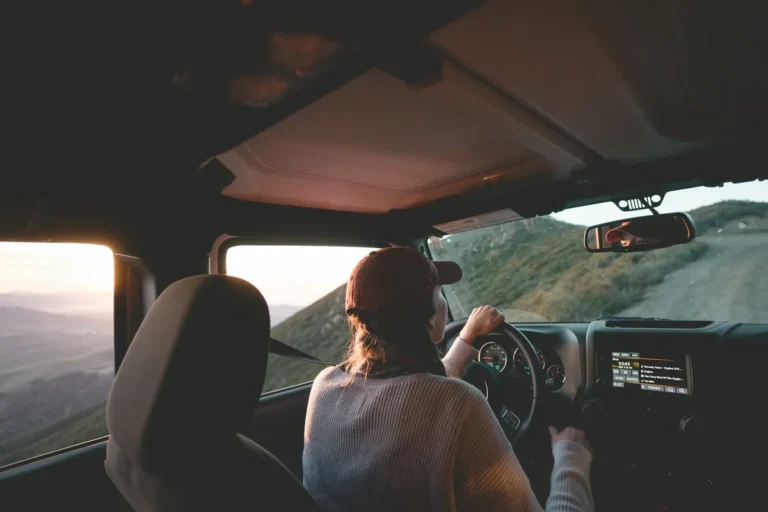 A woman driving on a mountain road at sunset, seen from the back seat