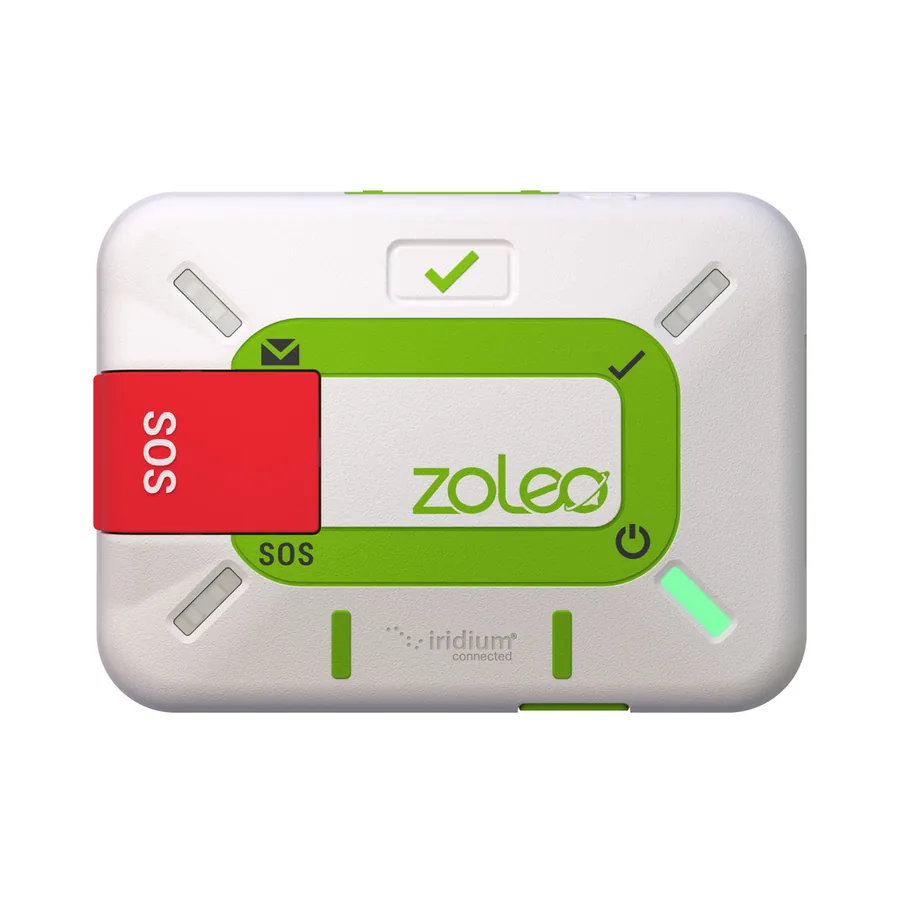 Weißer ZOLEO-Satellitenkommunikator mit roter SOS-Abdeckung, grünem Check-in-Button und Iridium-Logo